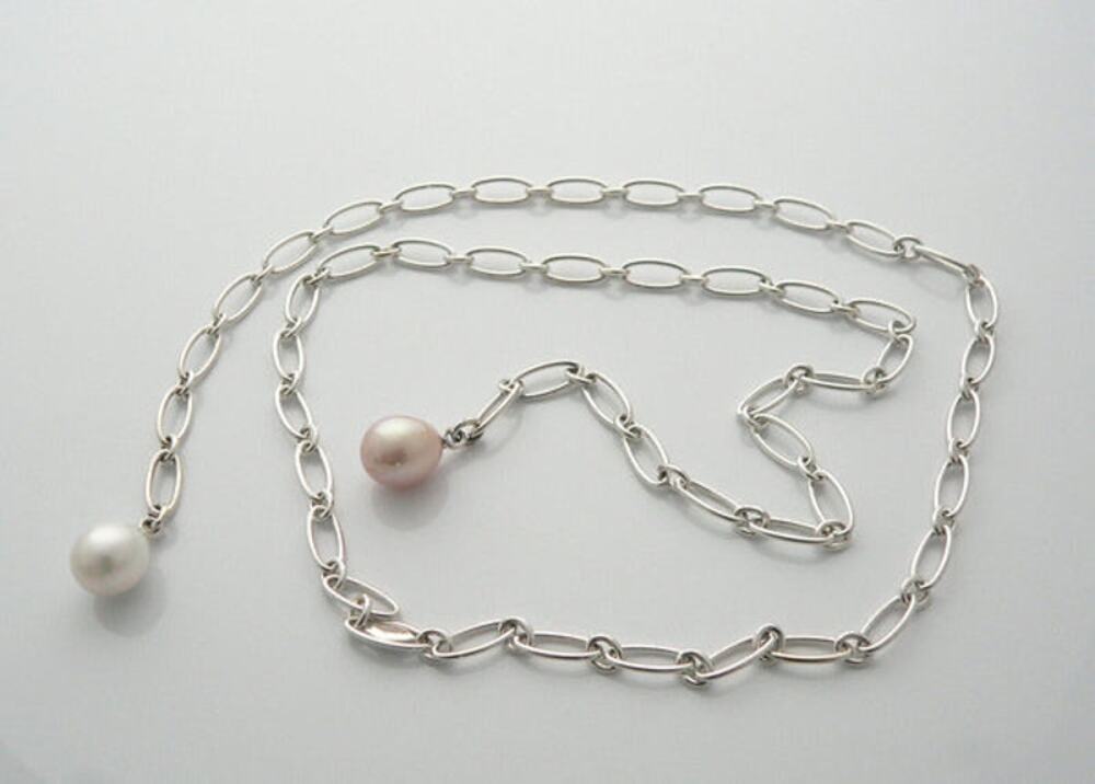 Tiffany & Co. Elsa Peretti SPAIN Sterling Oval Link Chain Tassel Pearl Necklace